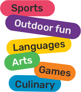 Placas com as palavras Esportes, Brincadeiras ao ar livre, Linguagens, Artes, Jogos e Culinária
